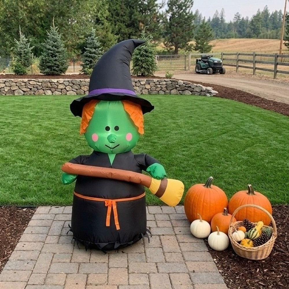 Halloween Inflatable Green Witch 4ft Blow Up Yard Decoration Outdoor Lights Prop